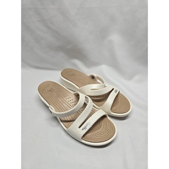 Crocs Patricia Wedge Strappy Slide Slip On Sandals Womens Size 6 White/Tan - Picture 2 of 10